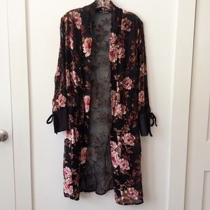 Pyramid Collection Velvet Burnout Duster Kimono M Whimsigoth Floral Goth Witchy